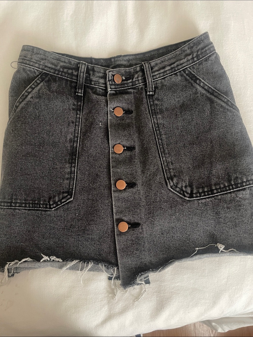 Button-Front Washed Black Denim Skirt
